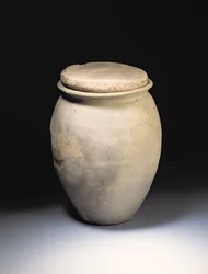 Cremation urn with lattice work pattern, from the Roman site at Newstead, Melrose